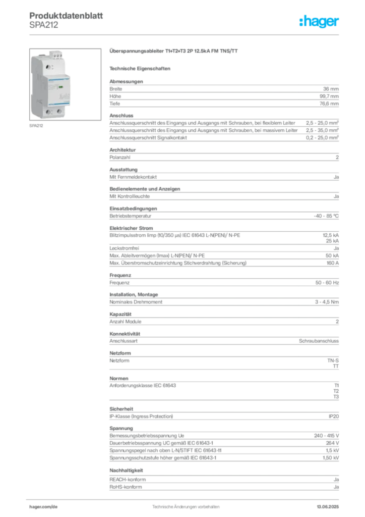 Bild Hager Produktdatenblatt SPA212 | Hager Deutschland