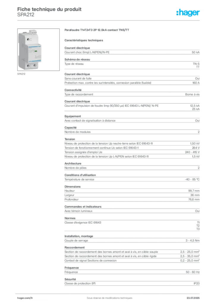 Image Hager Fiche technique du produit SPA212 | Hager France