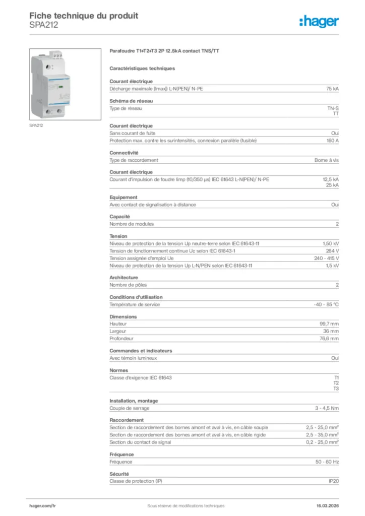 Image Hager Fiche technique du produit SPA212 | Hager France