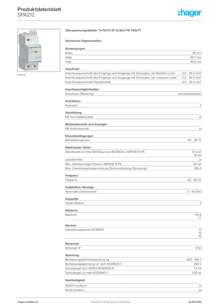 Bild Hager Produktdatenblatt SPA212 | Hager Schweiz