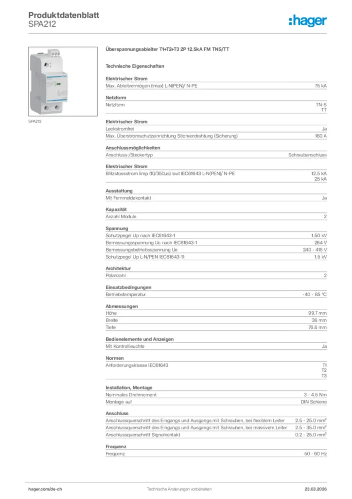 Bild Hager Produktdatenblatt SPA212 | Hager Schweiz