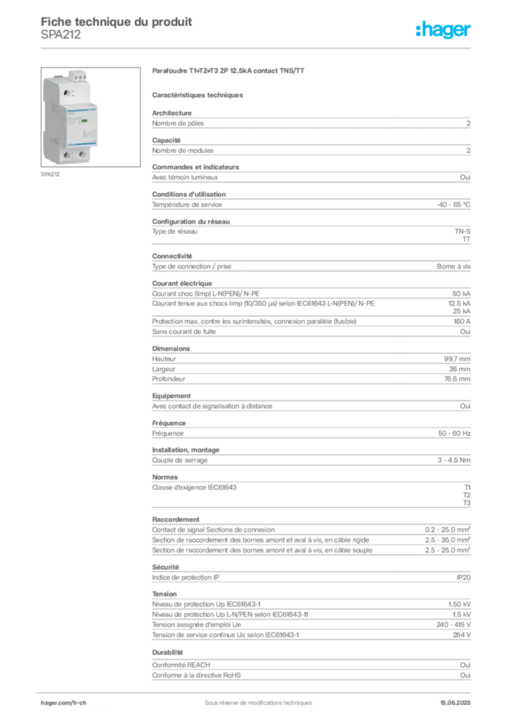 Image Hager Fiche technique du produit SPA212 | Hager Suisse