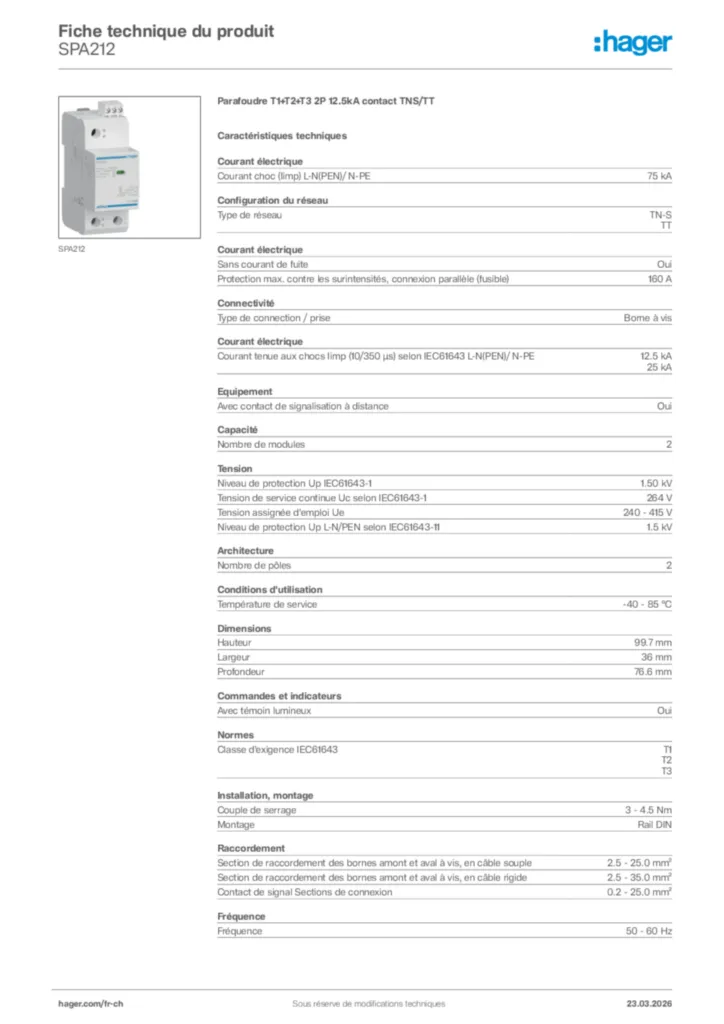 Image Hager Fiche technique du produit SPA212 | Hager Suisse