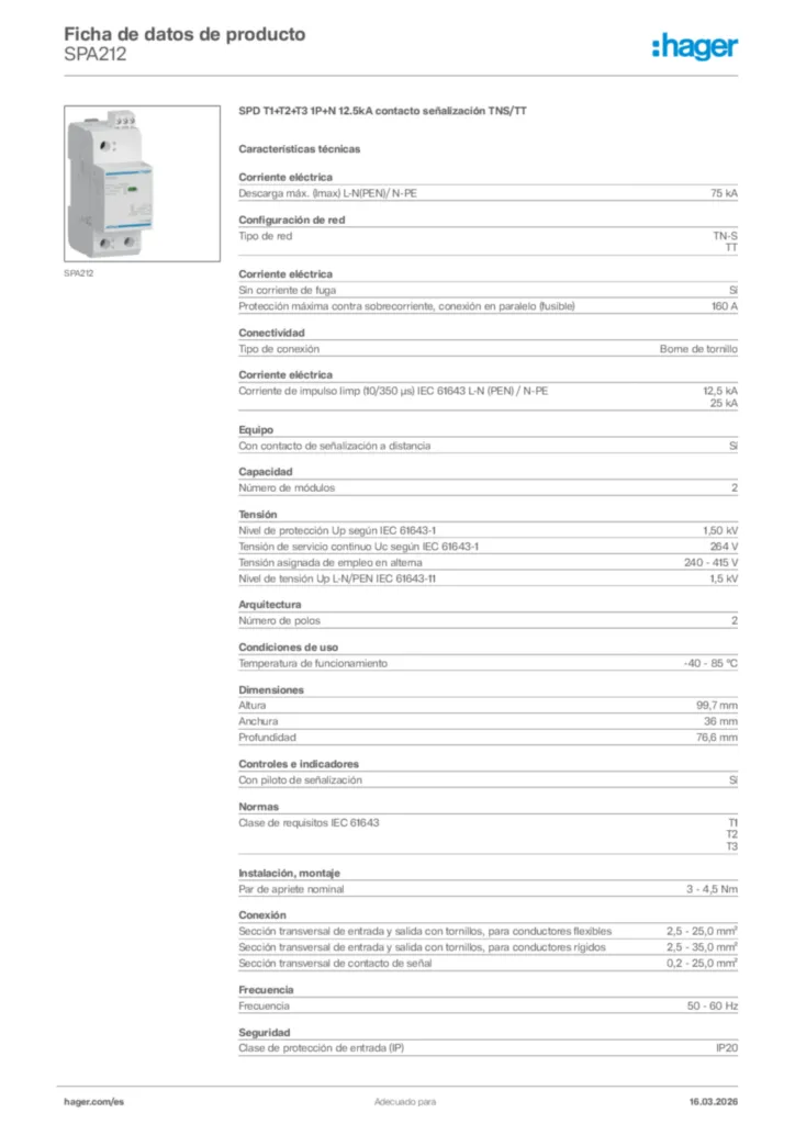 Imagen Hager Ficha de datos de producto SPA212 | Hager España