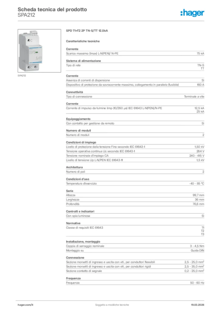 Immagine Hager Scheda tecnica del prodotto SPA212 | Hager Italia