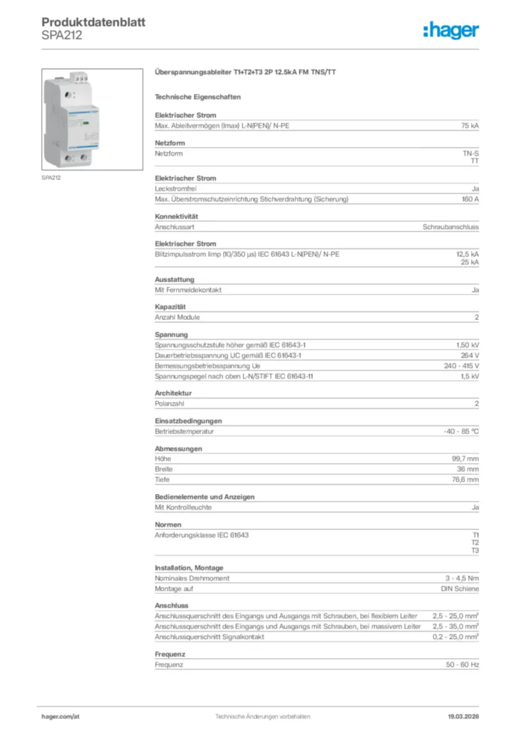 Bild Hager Produktdatenblatt SPA212 | Hager Deutschland