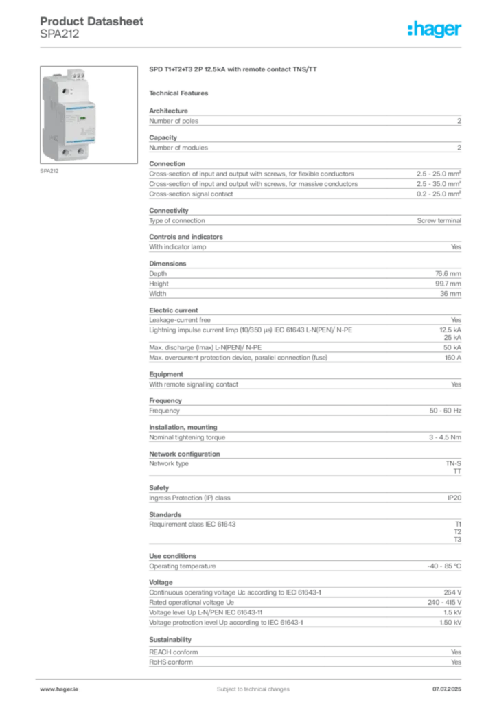 Image Hager Product data sheet SPA212  | Hager