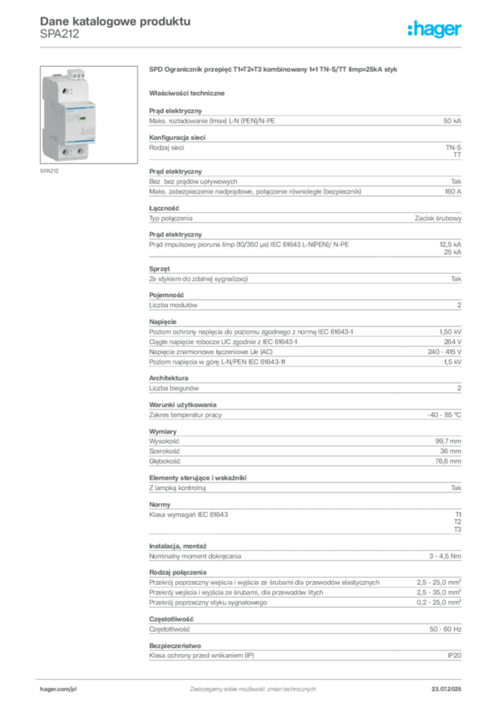 Zdjęcie Hager Dane katalogowe produktu SPA212 | Hager Polska