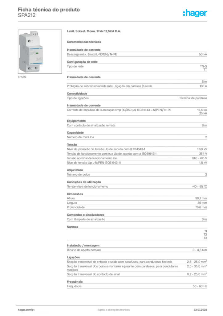 Imagem Hager Ficha técnica do produto SPA212 | Hager Portugal