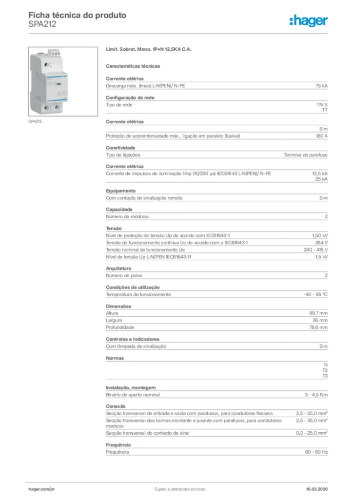 Imagem Hager Ficha técnica do produto SPA212 | Hager Portugal