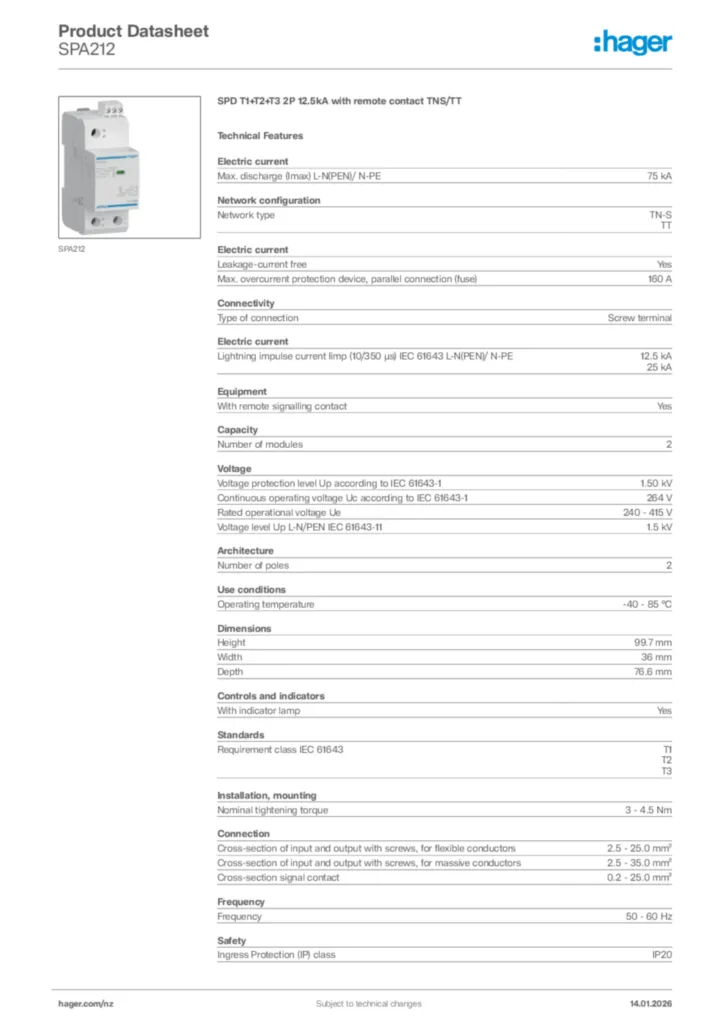 Image Hager Product data sheet SPA212  | Hager New Zealand