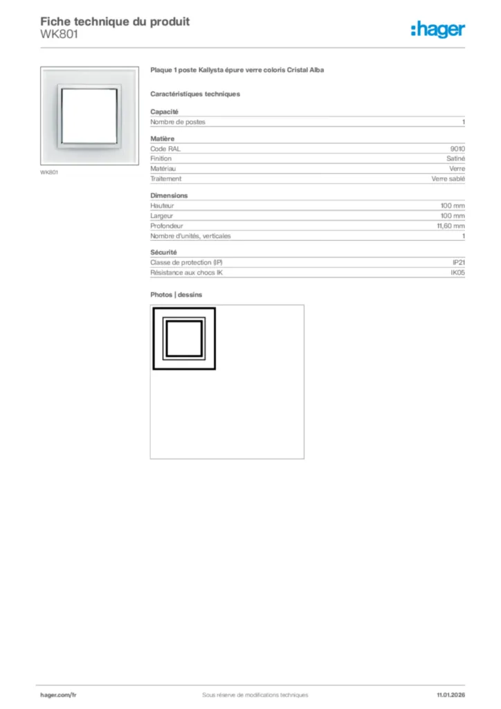 Image Hager Fiche technique du produit WK801 | Hager France