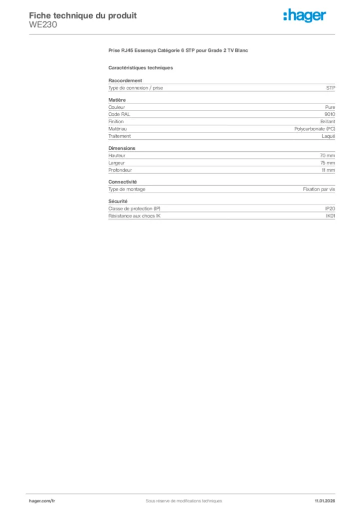 Image Hager Fiche technique du produit WE230 | Hager France