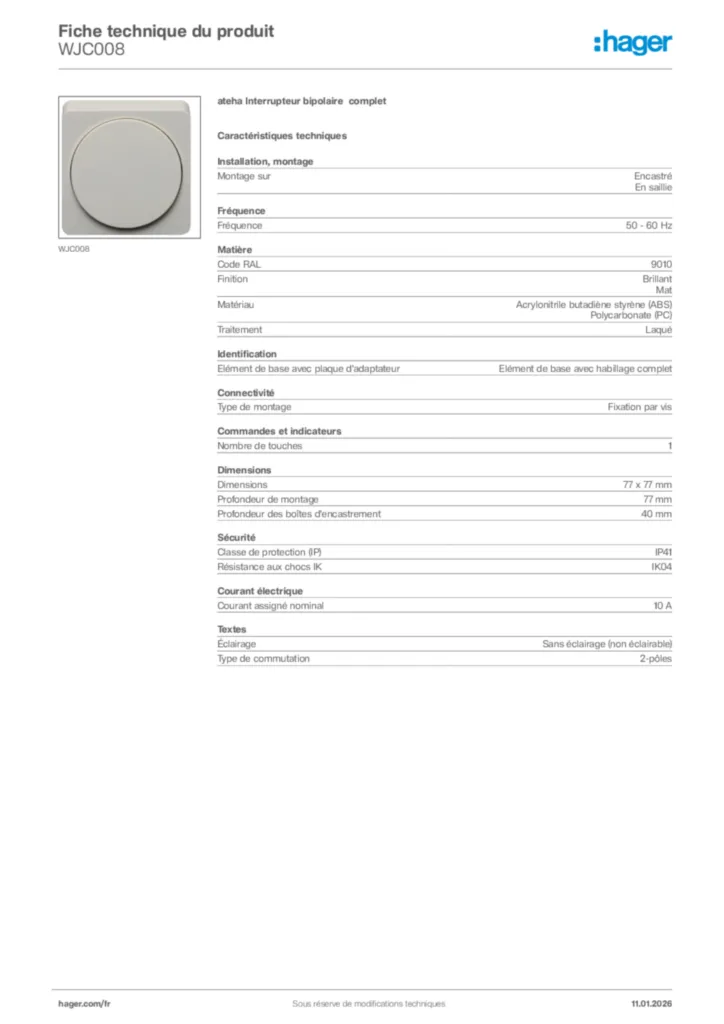 Image Hager Fiche technique du produit WJC008 | Hager France