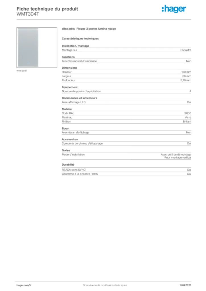 Image Hager Fiche technique du produit WMT304T | Hager France