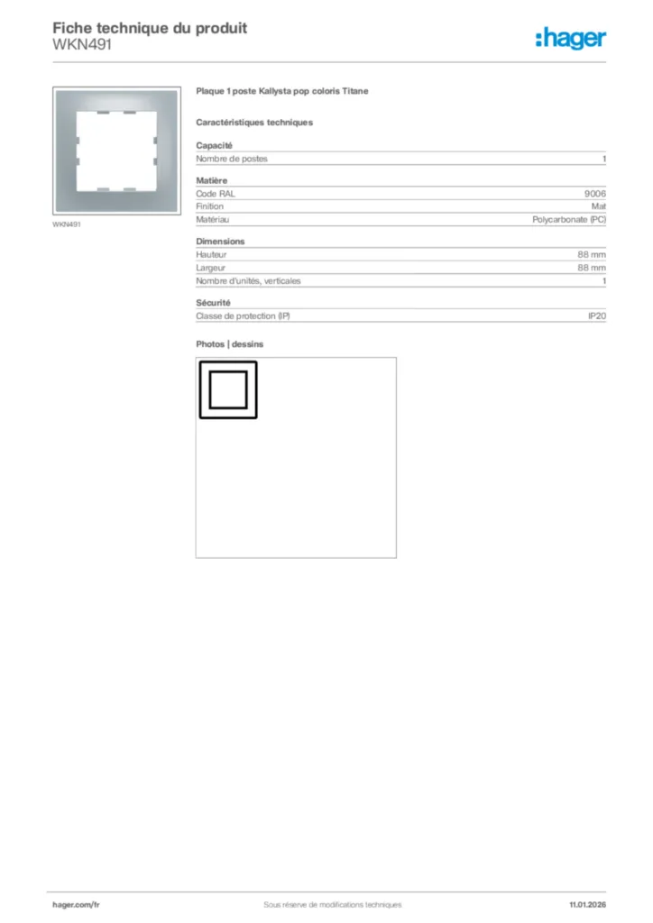 Image Hager Fiche technique du produit WKN491 | Hager France