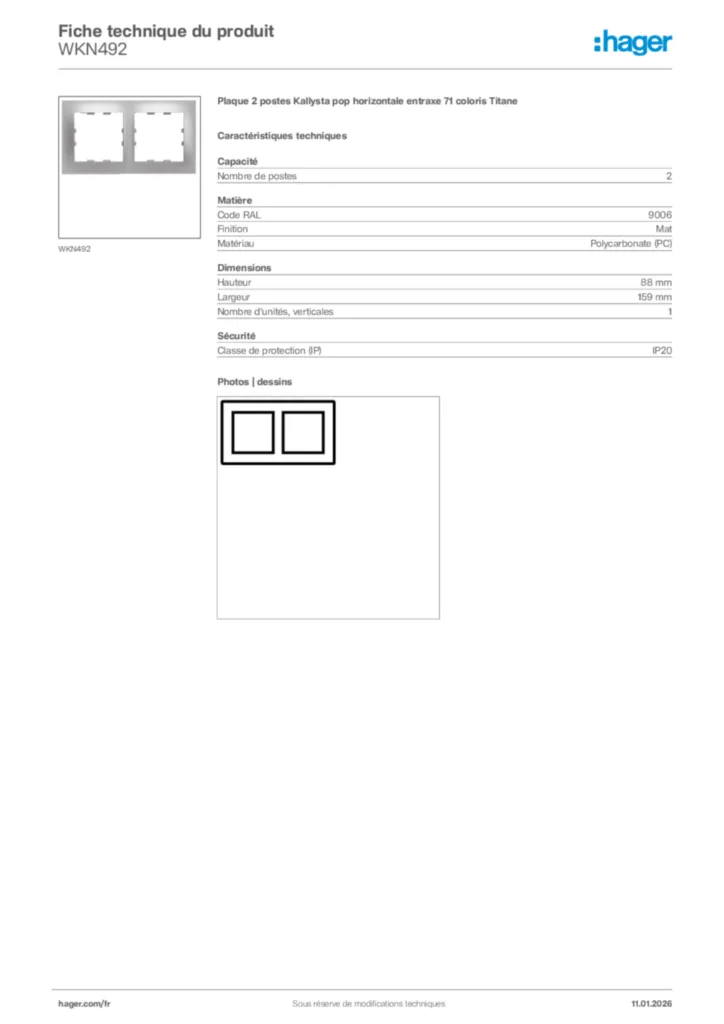 Image Hager Fiche technique du produit WKN492 | Hager France