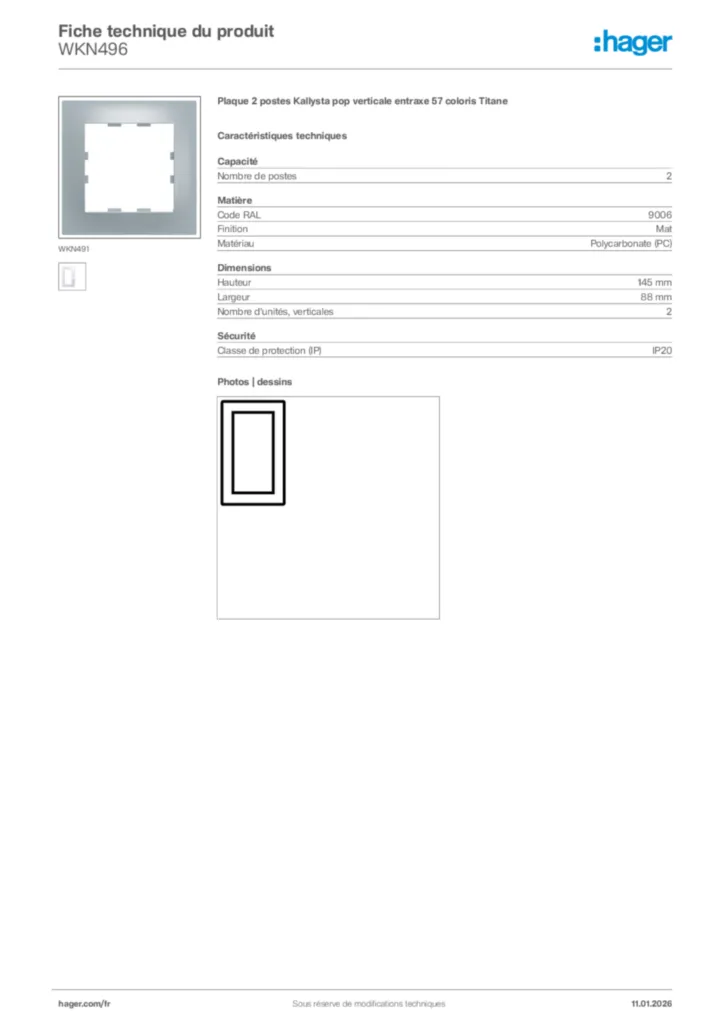 Image Hager Fiche technique du produit WKN496 | Hager France