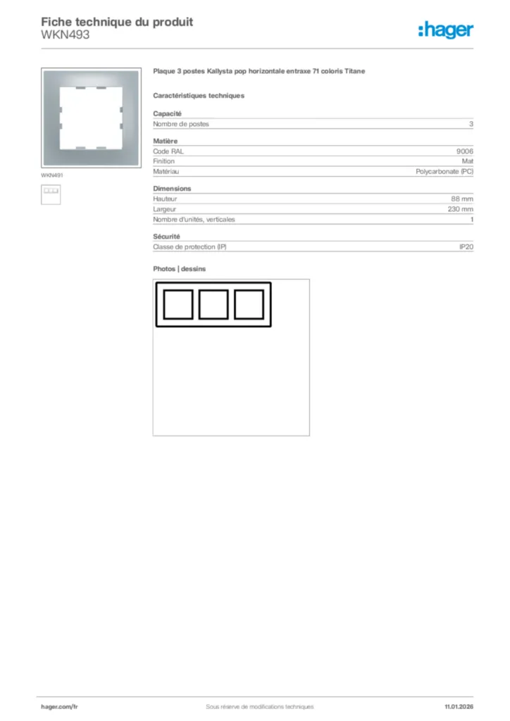 Image Hager Fiche technique du produit WKN493 | Hager France