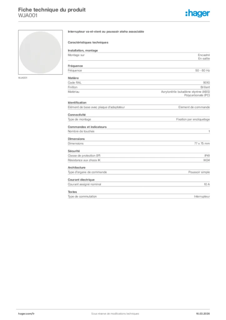 Image Hager Fiche technique du produit WJA001 | Hager France