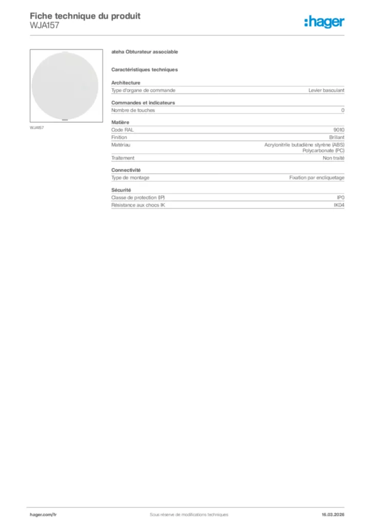 Image Hager Fiche technique du produit WJA157 | Hager France