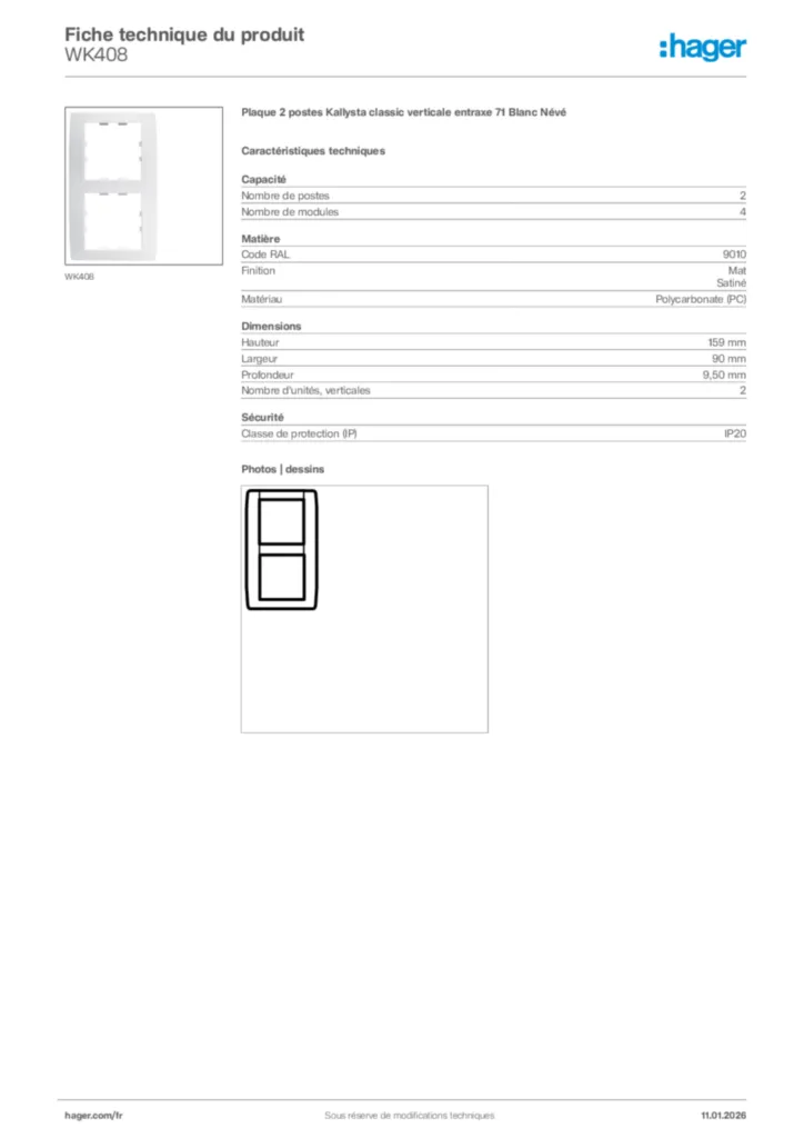 Image Hager Fiche technique du produit WK408 | Hager France