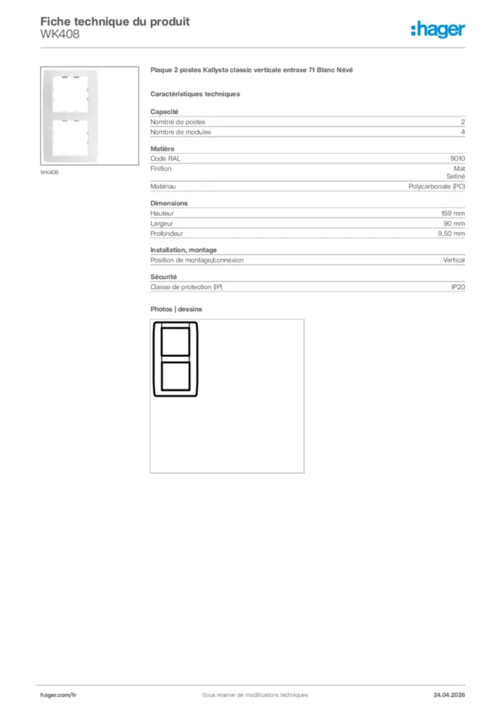 Image Hager Fiche technique du produit WK408 | Hager France