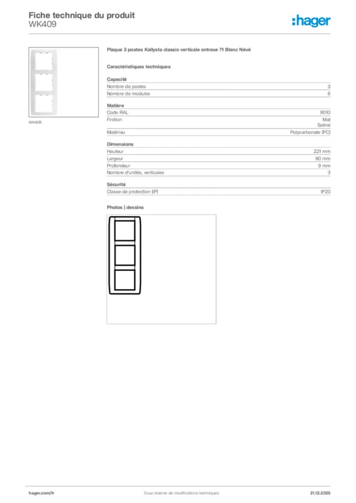 Image Hager Fiche technique du produit WK409 | Hager France