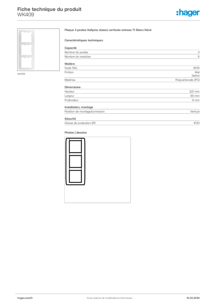 Image Hager Fiche technique du produit WK409 | Hager France