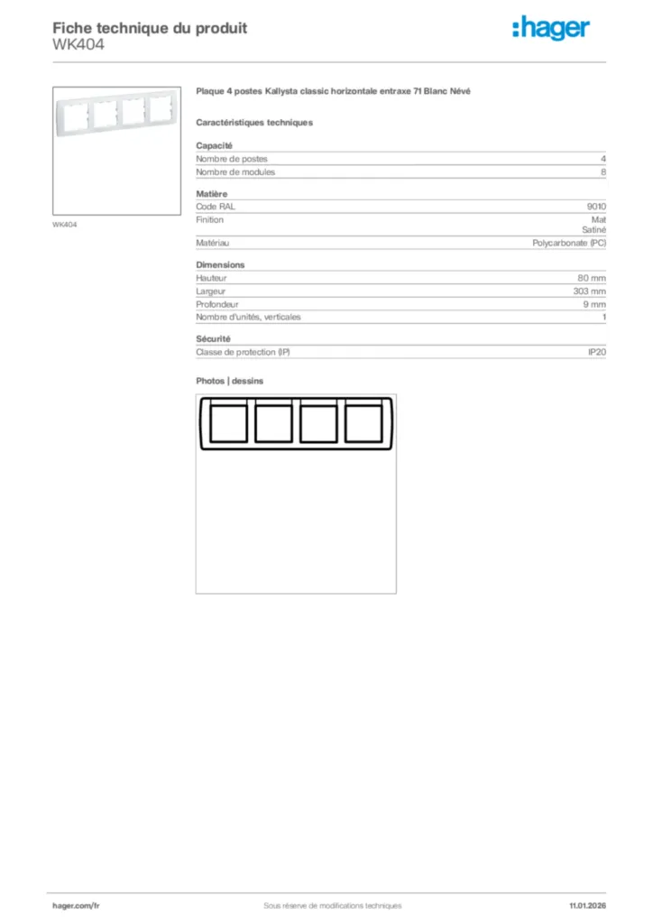 Image Hager Fiche technique du produit WK404 | Hager France