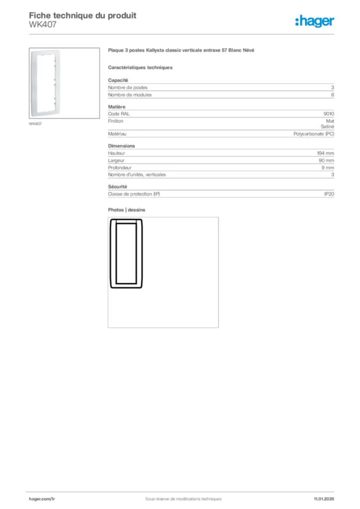 Image Hager Fiche technique du produit WK407 | Hager France