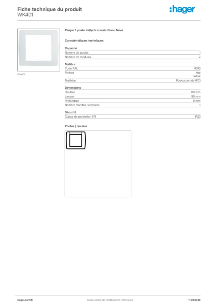 Image Hager Fiche technique du produit WK401 | Hager France