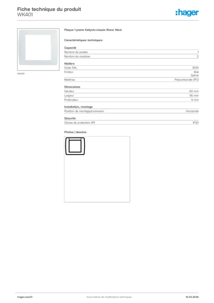 Image Hager Fiche technique du produit WK401 | Hager France