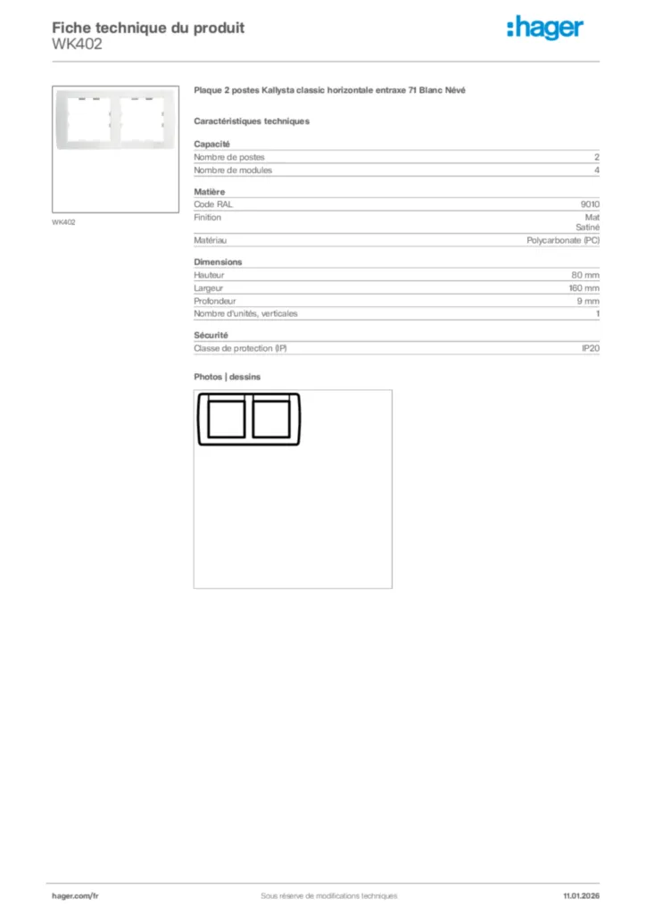 Image Hager Fiche technique du produit WK402 | Hager France