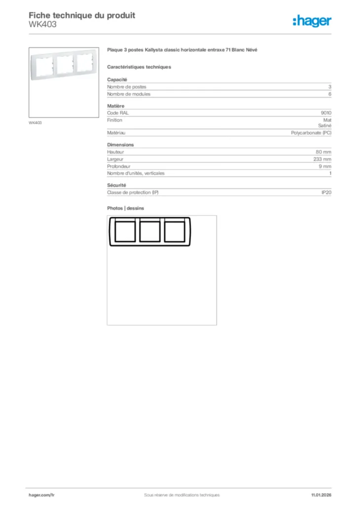 Image Hager Fiche technique du produit WK403 | Hager France