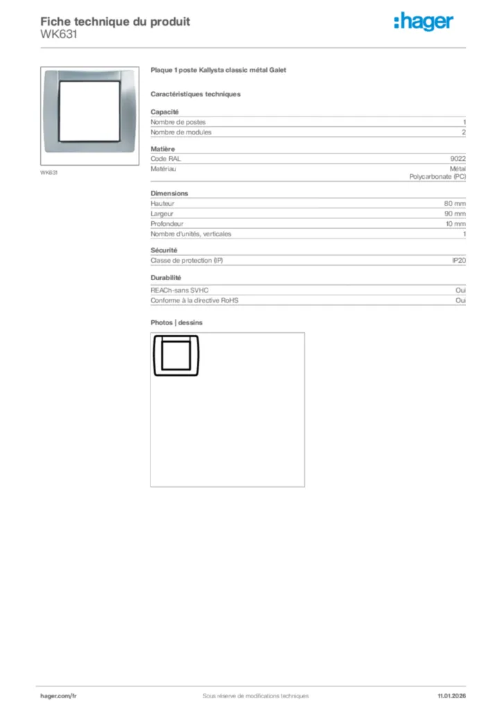 Image Hager Fiche technique du produit WK631 | Hager France