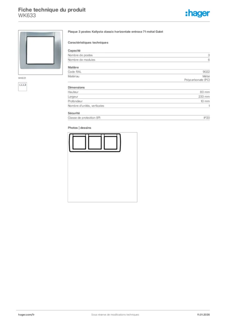 Image Hager Fiche technique du produit WK633 | Hager France