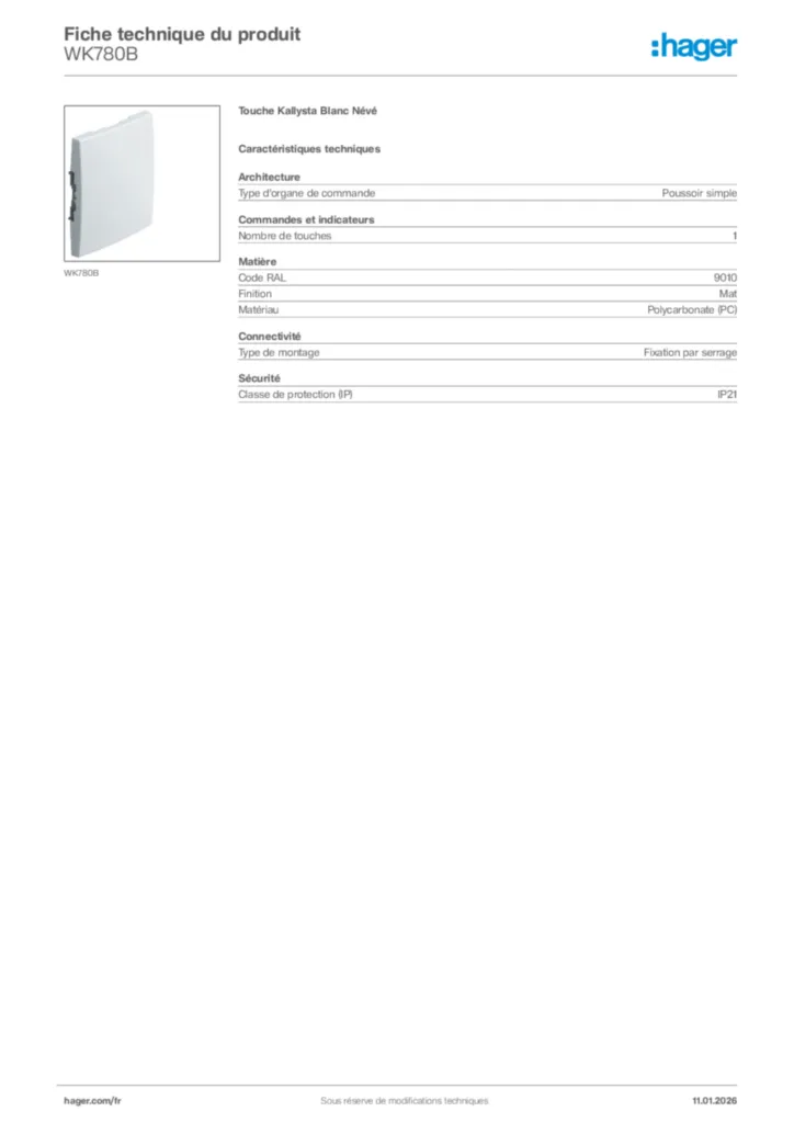 Image Hager Fiche technique du produit WK780B | Hager France