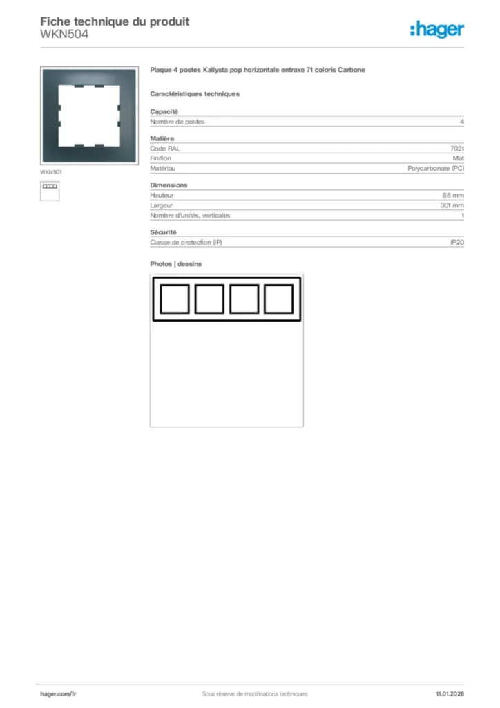 Image Hager Fiche technique du produit WKN504 | Hager France