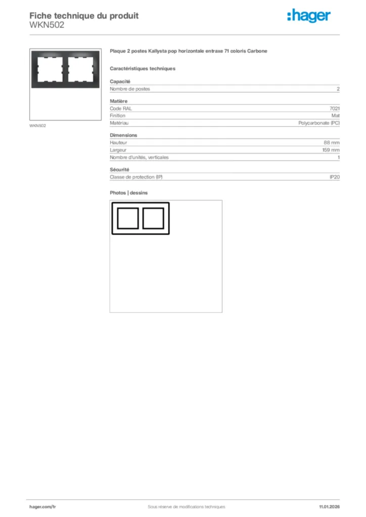 Image Hager Fiche technique du produit WKN502 | Hager France