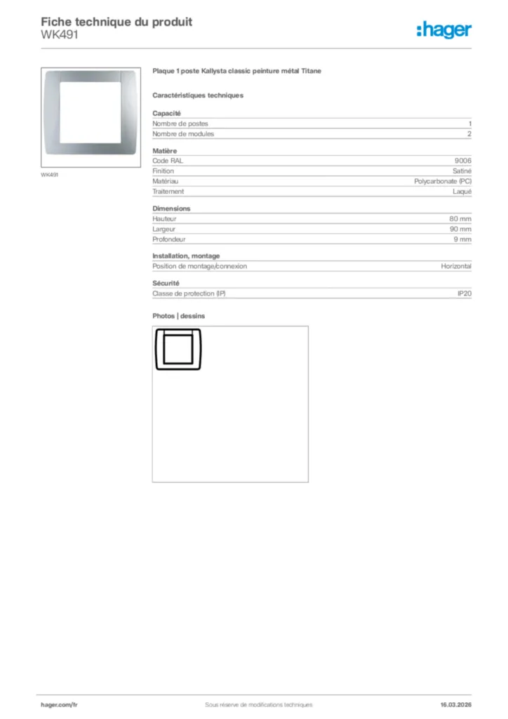 Image Hager Fiche technique du produit WK491 | Hager France