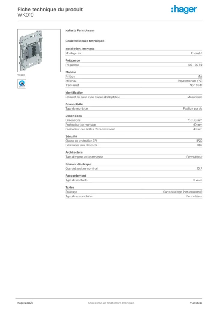 Image Hager Fiche technique du produit WK010 | Hager France