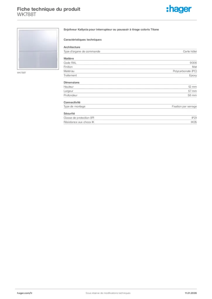 Image Hager Fiche technique du produit WK788T | Hager France