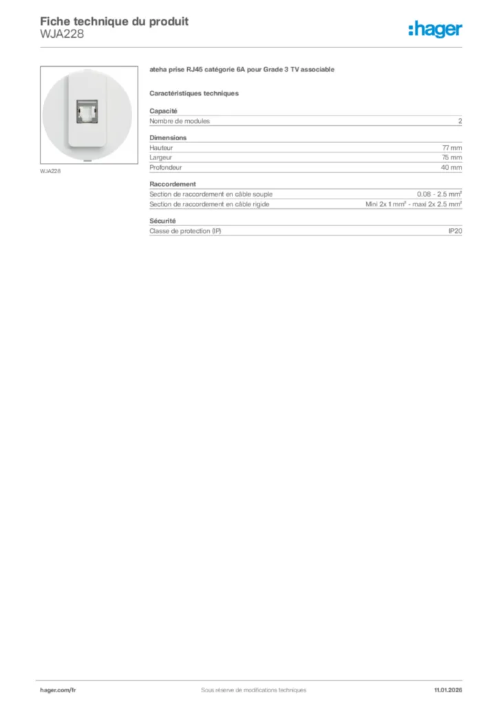 Image Hager Fiche technique du produit WJA228 | Hager France