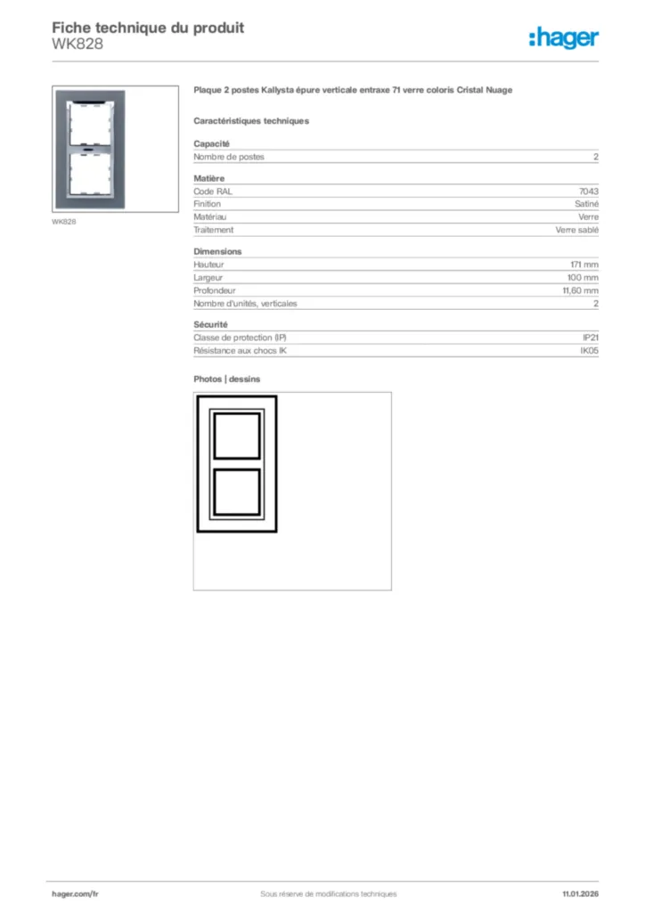 Image Hager Fiche technique du produit WK828 | Hager France