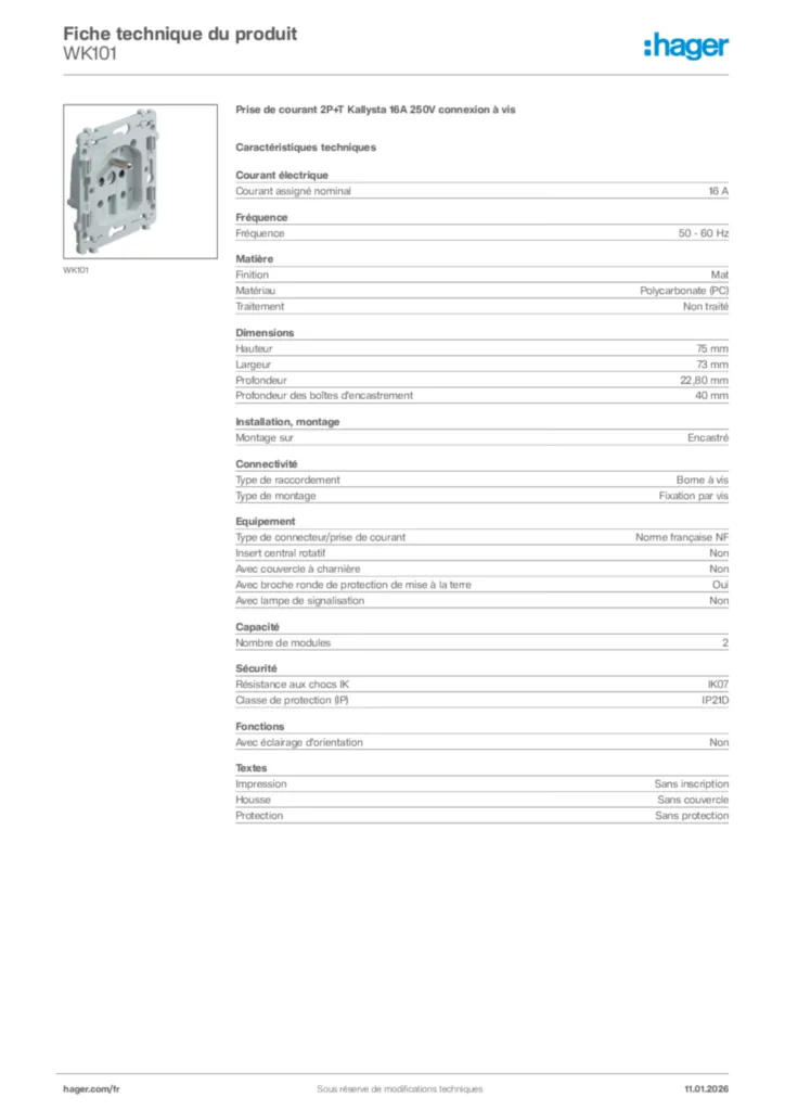 Image Hager Fiche technique du produit WK101 | Hager France