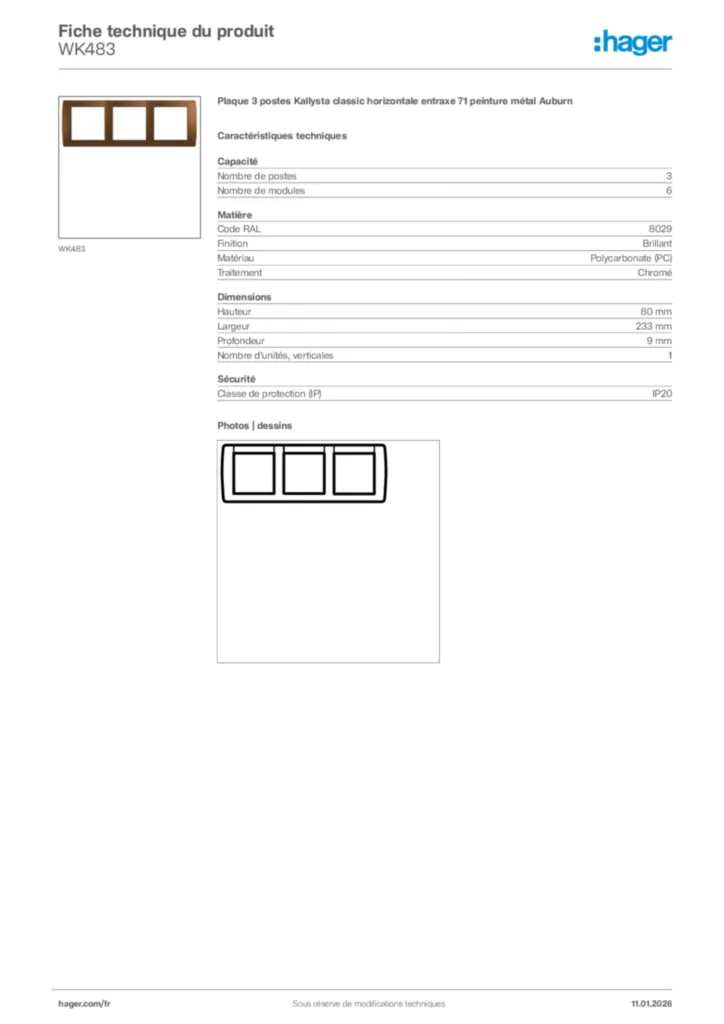 Image Hager Fiche technique du produit WK483 | Hager France