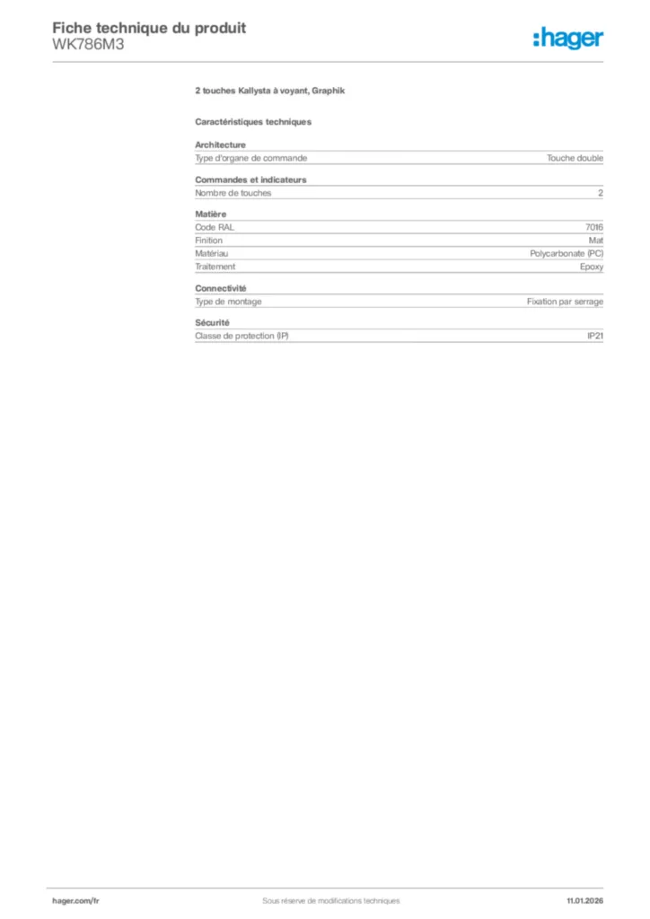 Image Hager Fiche technique du produit WK786M3 | Hager France