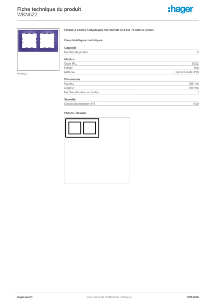 Image Hager Fiche technique du produit WKN522 | Hager France