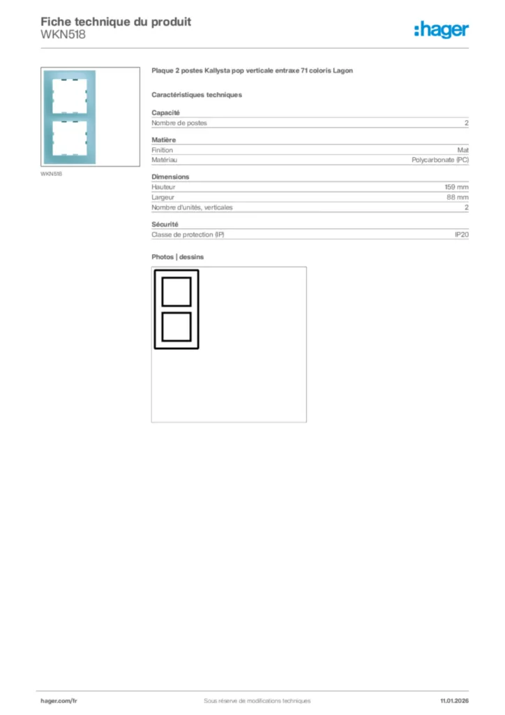 Image Hager Fiche technique du produit WKN518 | Hager France